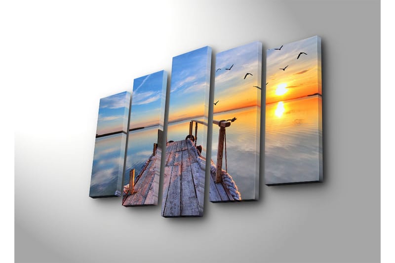Suuri 5-osainen canvas-taulu 105x70 cm - Auringonlasku tyynen järven yllä laituri etualalla - Sininen / Oranssi / Keltainen - Sisustustuotteet - Taulu & taide - Canvas-taulu