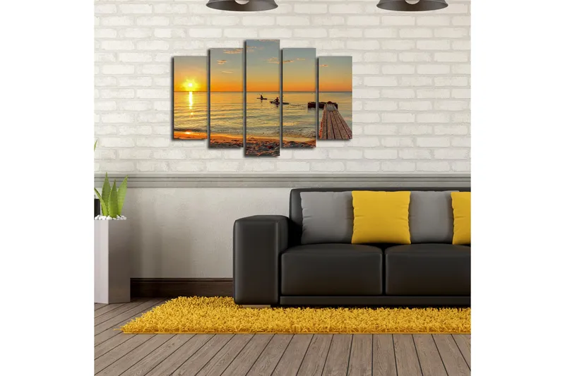 Suuri 5-osainen canvas-taulu 105x70 cm - Auringonlasku tyynen veden yllä melojien kanssa - Oranssi / Kulta / Sininen - Sisustustuotteet - Taulu & taide - Canvas-taulu