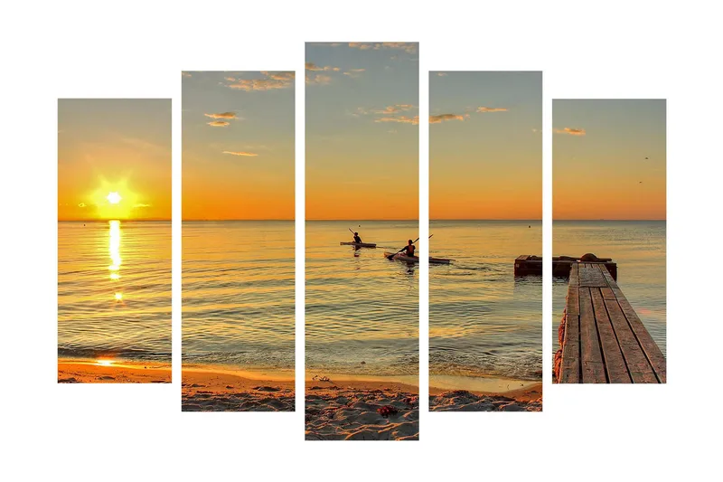 Suuri 5-osainen canvas-taulu 105x70 cm - Auringonlasku tyynen veden yllä melojien kanssa, Oranssi / Kulta / Sininen