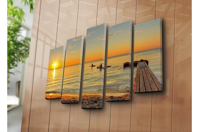 Suuri 5-osainen canvas-taulu 105x70 cm - Auringonlasku tyynen veden yllä melojien kanssa - Oranssi / Kulta / Sininen - Sisustustuotteet - Taulu & taide - Canvas-taulu