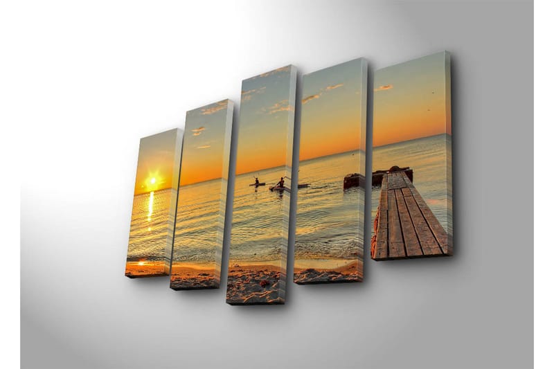 Suuri 5-osainen canvas-taulu 105x70 cm - Auringonlasku tyynen veden yllä melojien kanssa - Oranssi / Kulta / Sininen - Sisustustuotteet - Taulu & taide - Canvas-taulu