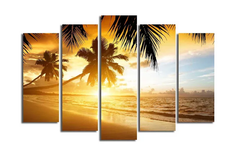 Suuri 5-osainen canvas-taulu 105x70 cm - Auringonlasku palmujen peittämän rannan yllä, Kulta / Oranssi / Sininen