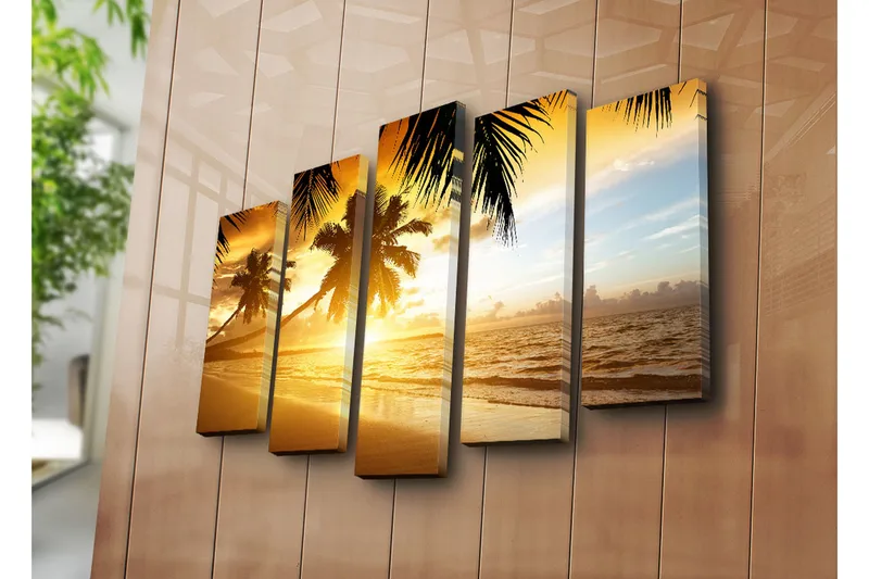 Suuri 5-osainen canvas-taulu 105x70 cm - Auringonlasku palmujen peittämän rannan yllä - Kulta / Oranssi / Sininen - Sisustustuotteet - Taulu & taide - Canvas-taulu