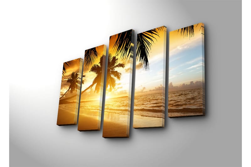 Suuri 5-osainen canvas-taulu 105x70 cm - Auringonlasku palmujen peittämän rannan yllä - Kulta / Oranssi / Sininen - Sisustustuotteet - Taulu & taide - Canvas-taulu
