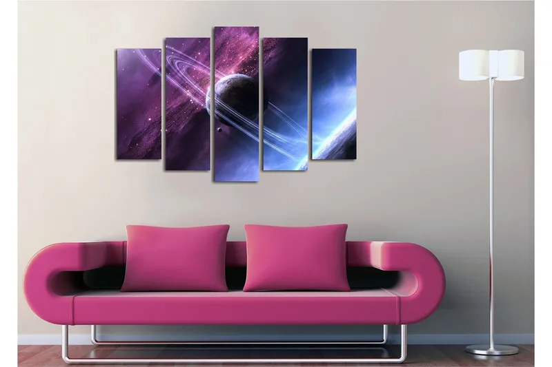Suuri 5-osainen canvas-taulu 105x70 cm - Avaruusmaisema planeetalla ja renkailla tähtitaivaalla - Violetti / Sininen / Musta - Sisustustuotteet - Taulu & taide - Canvas-taulu