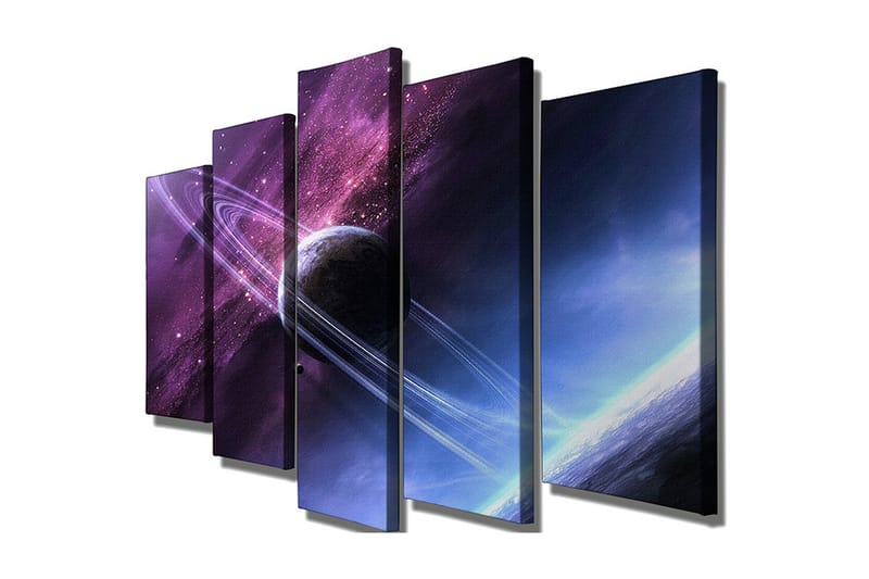Suuri 5-osainen canvas-taulu 105x70 cm - Avaruusmaisema planeetalla ja renkailla tähtitaivaalla, Violetti / Sininen / Musta