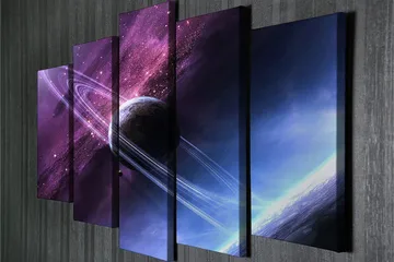 Suuri 5-osainen canvas-taulu 105x70 cm - Avaruusmaisema planeetalla ja renkailla tähtitaivaalla - Violetti / Sininen / Musta - Sisustustuotteet - Taulu & taide - Canvas-taulu