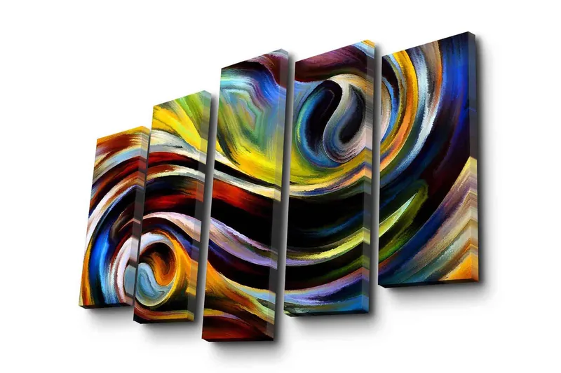 Suuri 5-osainen canvas-taulu 105x70 cm - Dynaaminen abstrakti sommitelma heiluvilla viivoilla ja värillisillä muodoilla, Keltainen / Sininen / Punainen