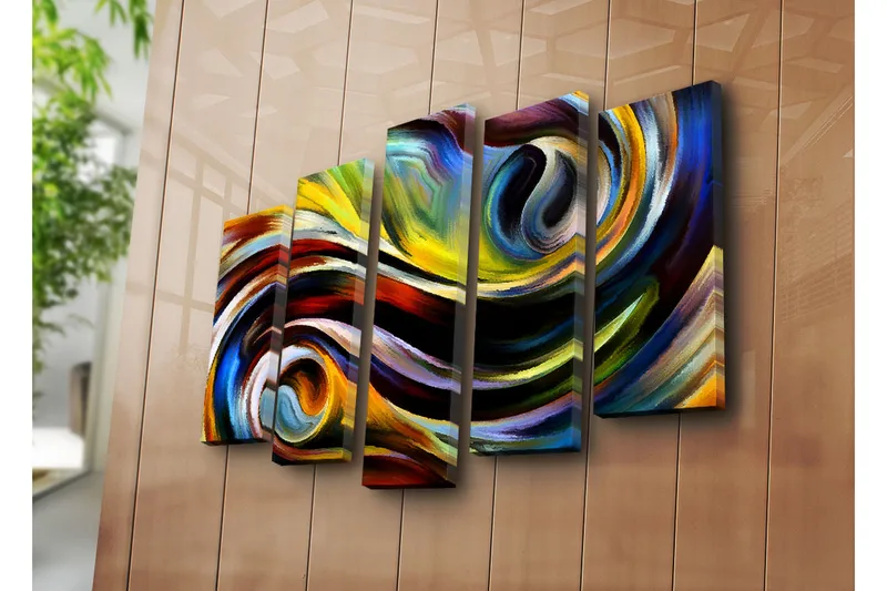 Suuri 5-osainen canvas-taulu 105x70 cm - Dynaaminen abstrakti sommitelma heiluvilla viivoilla ja värillisillä muodoilla - Keltainen / Sininen / Punainen - Sisustustuotteet - Taulu & taide - Canvas-taulu