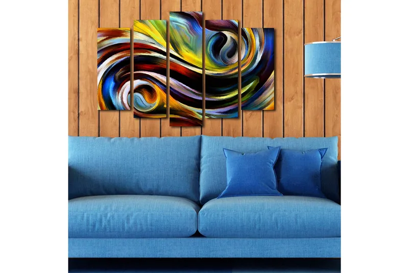 Suuri 5-osainen canvas-taulu 105x70 cm - Dynaaminen abstrakti sommitelma heiluvilla viivoilla ja värillisillä muodoilla - Keltainen / Sininen / Punainen - Sisustustuotteet - Taulu & taide - Canvas-taulu