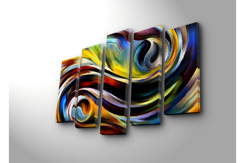Suuri 5-osainen canvas-taulu 105x70 cm - Dynaaminen abstrakti sommitelma heiluvilla viivoilla ja värillisillä muodoilla - Keltainen / Sininen / Punainen - Sisustustuotteet - Taulu & taide - Canvas-taulu