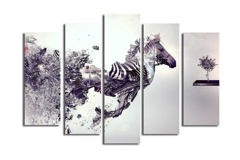 Suuri 5-osainen canvas-taulu 105x70 cm - Dynaaminen hevonen liikkeessä ja fragmentoitunut rakenne, Harmaa / Musta / Valkoinen