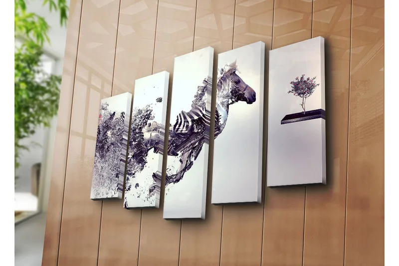 Suuri 5-osainen canvas-taulu 105x70 cm - Dynaaminen hevonen liikkeessä ja fragmentoitunut rakenne - Harmaa / Musta / Valkoinen - Sisustustuotteet - Taulu & taide - Canvas-taulu