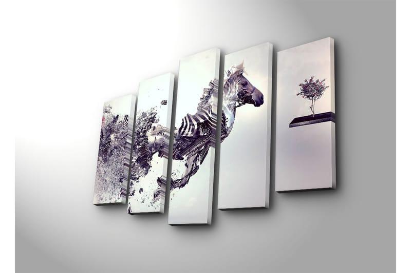 Suuri 5-osainen canvas-taulu 105x70 cm - Dynaaminen hevonen liikkeessä ja fragmentoitunut rakenne - Harmaa / Musta / Valkoinen - Sisustustuotteet - Taulu & taide - Canvas-taulu