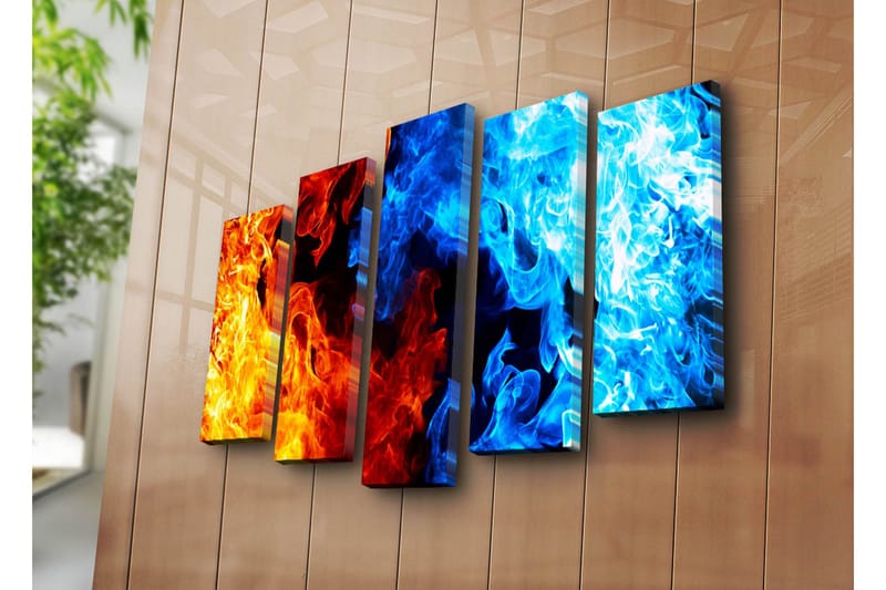 Suuri 5-osainen canvas-taulu 105x70 cm - Dynaaminen sommittelu tulesta ja vedestä abstraktissa muodossa - Oranssi / Sininen / Punainen - Sisustustuotteet - Taulu & taide - Canvas-taulu