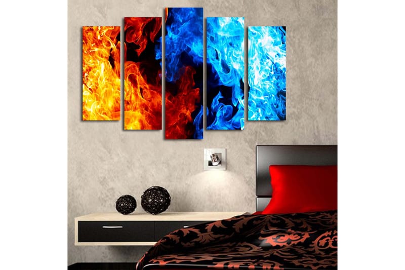 Suuri 5-osainen canvas-taulu 105x70 cm - Dynaaminen sommittelu tulesta ja vedestä abstraktissa muodossa - Oranssi / Sininen / Punainen - Sisustustuotteet - Taulu & taide - Canvas-taulu