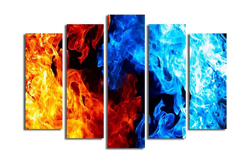 Suuri 5-osainen canvas-taulu 105x70 cm - Dynaaminen sommittelu tulesta ja vedestä abstraktissa muodossa - Oranssi / Sininen / Punainen - Sisustustuotteet - Taulu & taide - Canvas-taulu