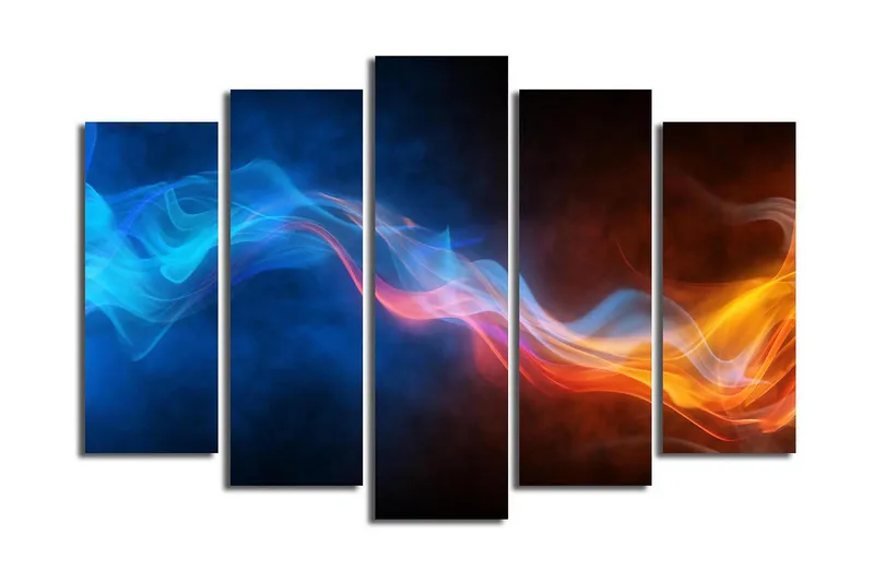 Suuri 5-osainen canvas-taulu 105x70 cm - Dynaaminen sommittelu värikk äistä valonsäteistä liikkeessä, Sininen / Oranssi / Musta