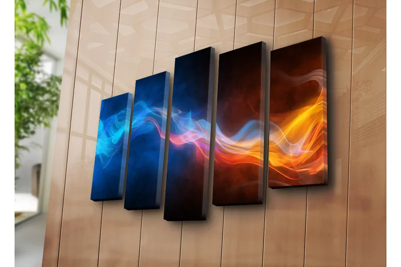 Suuri 5-osainen canvas-taulu 105x70 cm - Dynaaminen sommittelu värikkäistä valonsäteistä liikkeessä - Sininen / Oranssi / Musta - Sisustustuotteet - Taulu & taide - Canvas-taulu