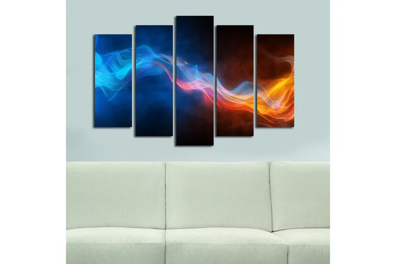Suuri 5-osainen canvas-taulu 105x70 cm - Dynaaminen sommittelu värikkäistä valonsäteistä liikkeessä - Sininen / Oranssi / Musta - Sisustustuotteet - Taulu & taide - Canvas-taulu