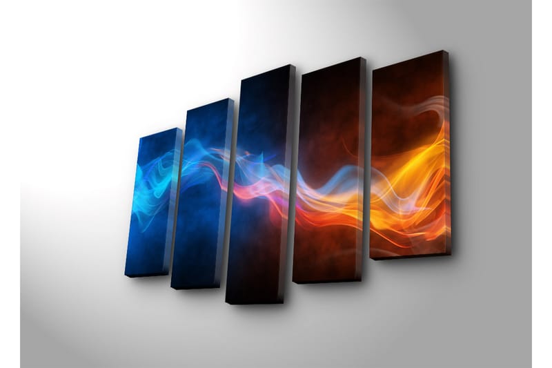 Suuri 5-osainen canvas-taulu 105x70 cm - Dynaaminen sommittelu värikkäistä valonsäteistä liikkeessä - Sininen / Oranssi / Musta - Sisustustuotteet - Taulu & taide - Canvas-taulu