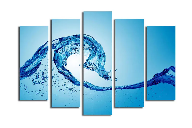 Suuri 5-osainen canvas-taulu 105x70 cm - Dynaaminen veden liike ja roiskuvat pisarat - Sininen / Turkoosi - Sisustustuotteet - Taulu & taide - Canvas-taulu