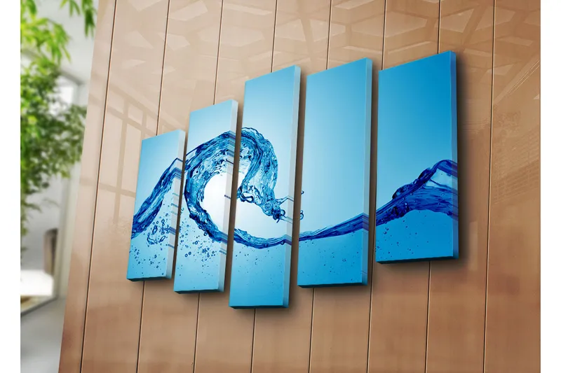 Suuri 5-osainen canvas-taulu 105x70 cm - Dynaaminen veden liike ja roiskuvat pisarat - Sininen / Turkoosi - Sisustustuotteet - Taulu & taide - Canvas-taulu