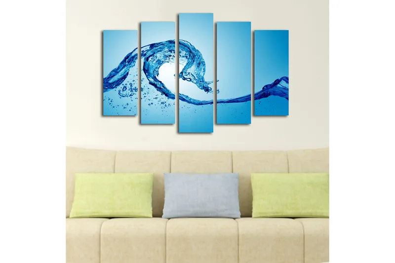 Suuri 5-osainen canvas-taulu 105x70 cm - Dynaaminen veden liike ja roiskuvat pisarat - Sininen / Turkoosi - Sisustustuotteet - Taulu & taide - Canvas-taulu