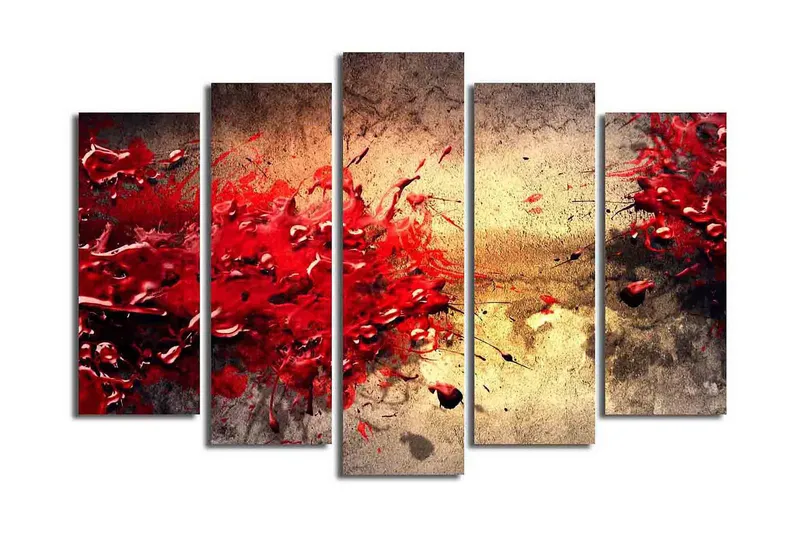 Suuri 5-osainen canvas-taulu 105x70 cm - Dynaaminen punaisten maaliläiskien räjähdys, Punainen / Beige / Musta