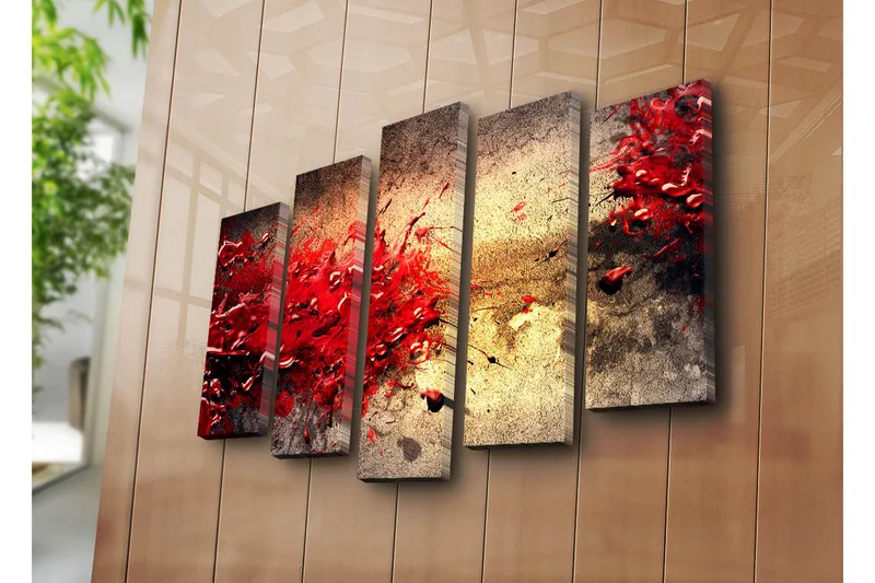 Suuri 5-osainen canvas-taulu 105x70 cm - Dynaaminen punaisten maaliläiskien räjähdys - Punainen / Beige / Musta - Sisustustuotteet - Taulu & taide - Canvas-taulu