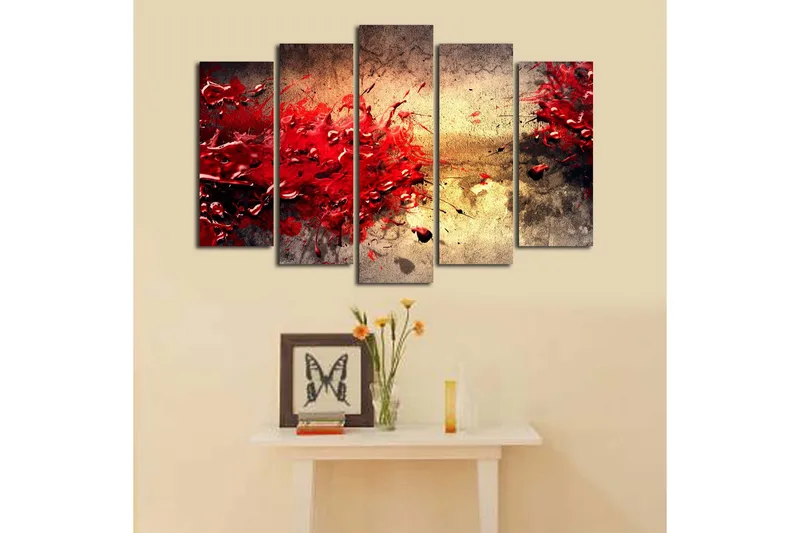 Suuri 5-osainen canvas-taulu 105x70 cm - Dynaaminen punaisten maaliläiskien räjähdys - Punainen / Beige / Musta - Sisustustuotteet - Taulu & taide - Canvas-taulu