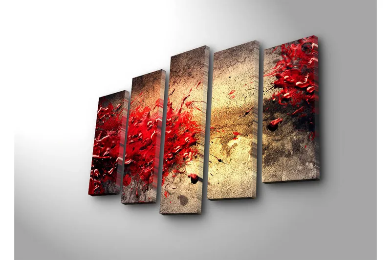 Suuri 5-osainen canvas-taulu 105x70 cm - Dynaaminen punaisten maaliläiskien räjähdys - Punainen / Beige / Musta - Sisustustuotteet - Taulu & taide - Canvas-taulu