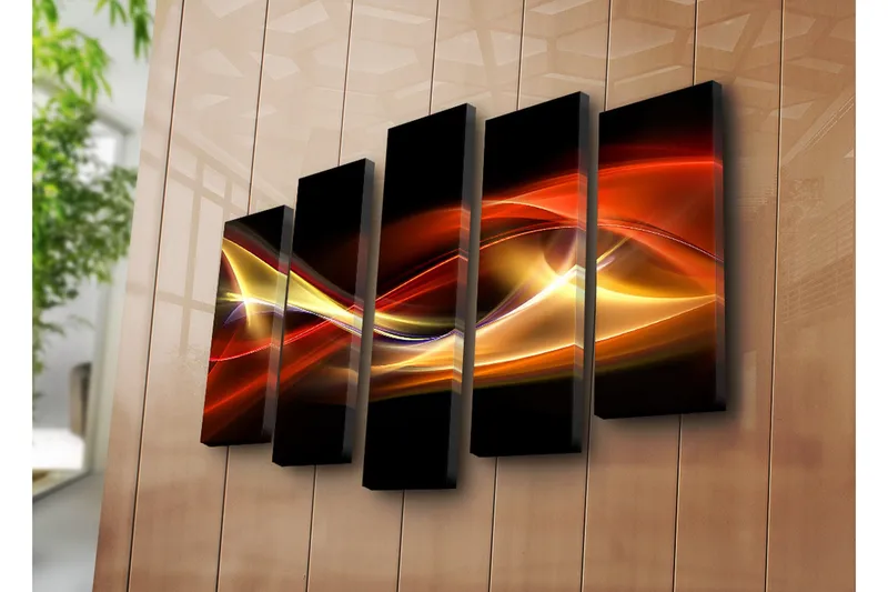 Suuri 5-osainen canvas-taulu 105x70 cm - Dynaamiset valoaallot punaisen ja kullan sävyissä - Punainen / Kulta / Musta - Sisustustuotteet - Taulu & taide - Canvas-taulu