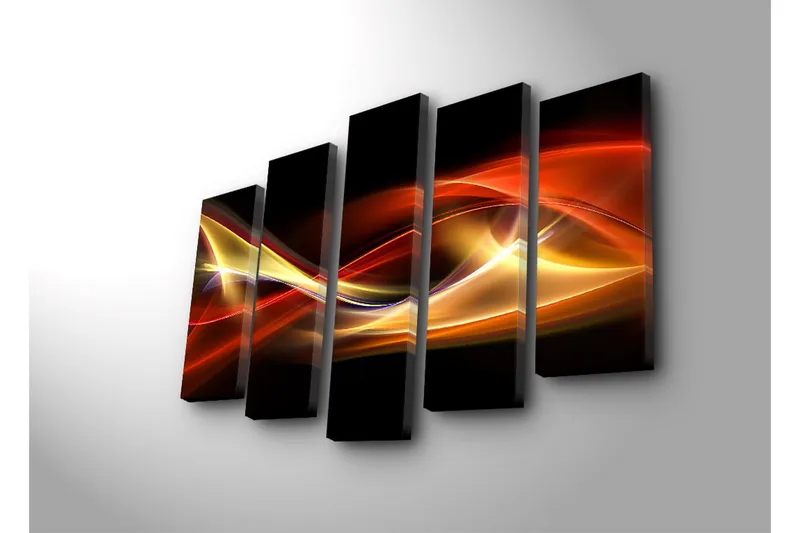 Suuri 5-osainen canvas-taulu 105x70 cm - Dynaamiset valoaallot punaisen ja kullan sävyissä - Punainen / Kulta / Musta - Sisustustuotteet - Taulu & taide - Canvas-taulu