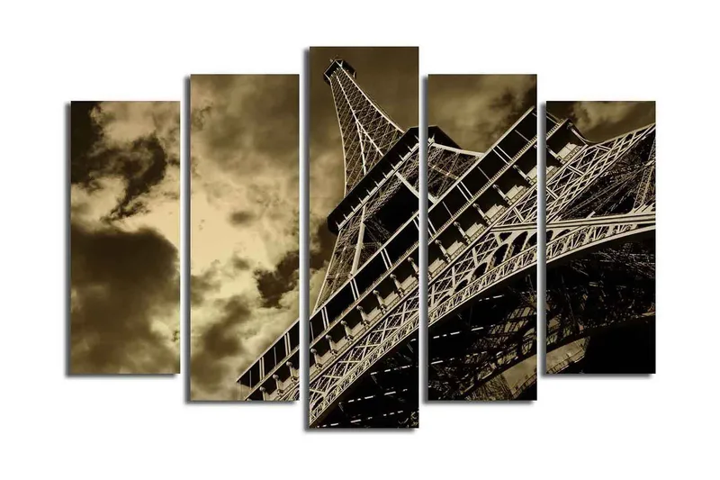 Suuri 5-osainen canvas-taulu 105x70 cm - Eiffel-torni dramaattisessa kulmassa pilvisen taivaan alla, Musta / Ruskea / Harmaa
