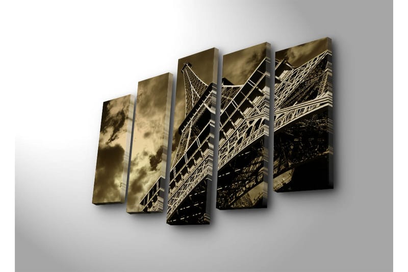 Suuri 5-osainen canvas-taulu 105x70 cm - Eiffel-torni dramaattisessa kulmassa pilvisen taivaan alla - Musta / Ruskea / Harmaa - Sisustustuotteet - Taulu & taide - Canvas-taulu