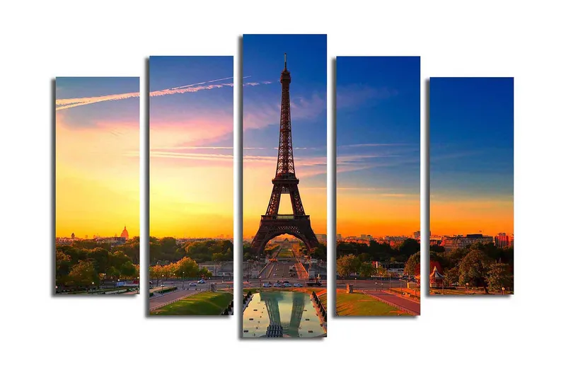 Suuri 5-osainen canvas-taulu 105x70 cm - Eiffel-torni värikästä auringonlaskua vasten, Oranssi / Sininen / Vihreä