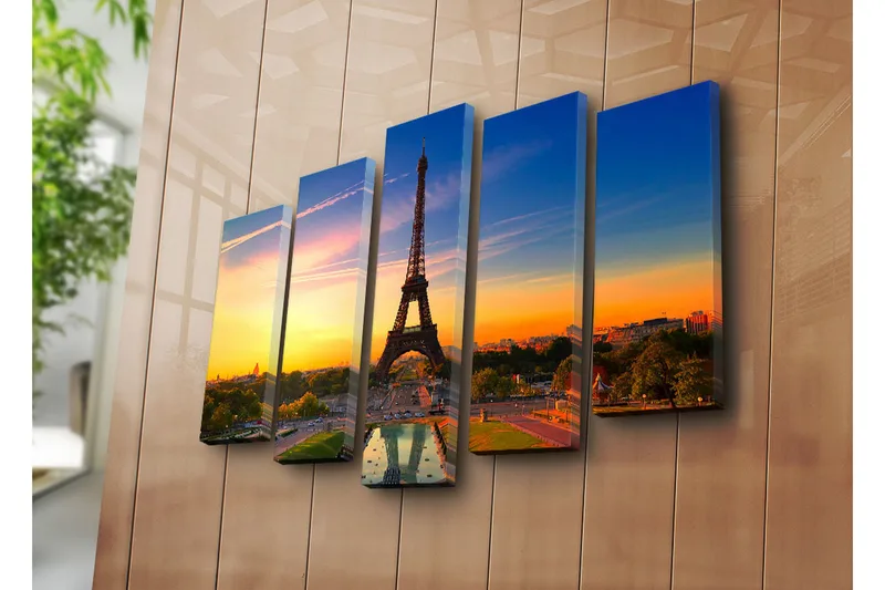 Suuri 5-osainen canvas-taulu 105x70 cm - Eiffel-torni värikästä auringonlaskua vasten - Oranssi / Sininen / Vihreä - Sisustustuotteet - Taulu & taide - Canvas-taulu