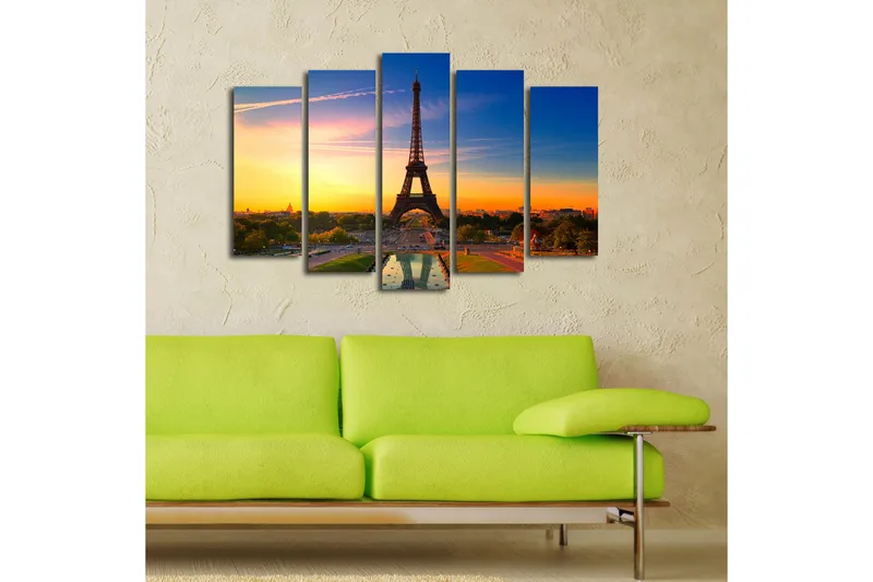 Suuri 5-osainen canvas-taulu 105x70 cm - Eiffel-torni värikästä auringonlaskua vasten - Oranssi / Sininen / Vihreä - Sisustustuotteet - Taulu & taide - Canvas-taulu