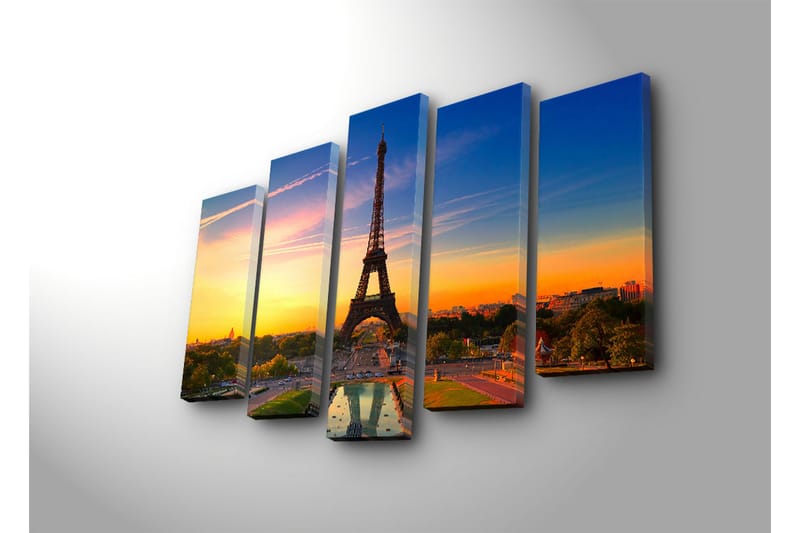 Suuri 5-osainen canvas-taulu 105x70 cm - Eiffel-torni värikästä auringonlaskua vasten - Oranssi / Sininen / Vihreä - Sisustustuotteet - Taulu & taide - Canvas-taulu