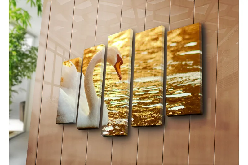 Suuri 5-osainen canvas-taulu 105x70 cm - Elegantti joutsen veden pinnalla - Valkoinen / Kulta / Oranssi - Sisustustuotteet - Taulu & taide - Canvas-taulu
