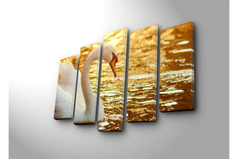Suuri 5-osainen canvas-taulu 105x70 cm - Elegantti joutsen veden pinnalla - Valkoinen / Kulta / Oranssi - Sisustustuotteet - Taulu & taide - Canvas-taulu