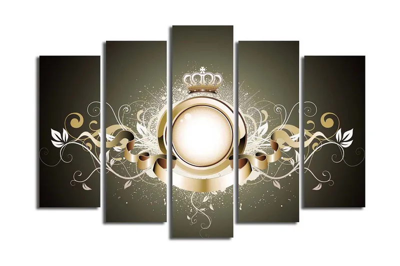 Suuri 5-osainen canvas-taulu 105x70 cm - Elegantti sommitelma kruunulla ja koriste-elementeillä, Kulta / Valkoinen / Tummanharmaa