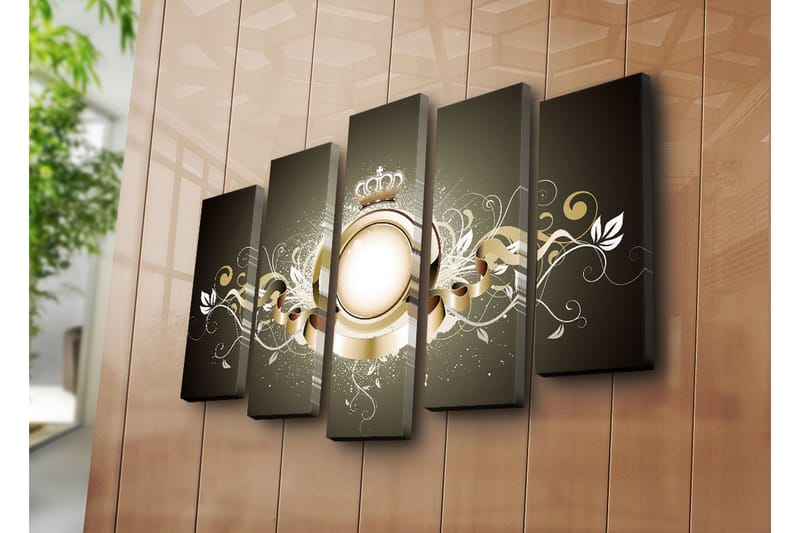 Suuri 5-osainen canvas-taulu 105x70 cm - Elegantti sommitelma kruunulla ja koriste-elementeillä - Kulta / Valkoinen / Tummanharmaa - Sisustustuotteet - Taulu & taide - Canvas-taulu