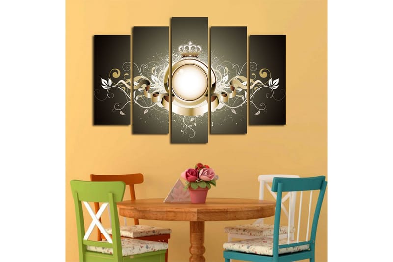 Suuri 5-osainen canvas-taulu 105x70 cm - Elegantti sommitelma kruunulla ja koriste-elementeillä - Kulta / Valkoinen / Tummanharmaa - Sisustustuotteet - Taulu & taide - Canvas-taulu