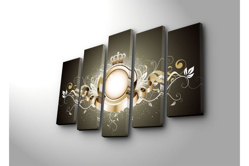 Suuri 5-osainen canvas-taulu 105x70 cm - Elegantti sommitelma kruunulla ja koriste-elementeillä - Kulta / Valkoinen / Tummanharmaa - Sisustustuotteet - Taulu & taide - Canvas-taulu