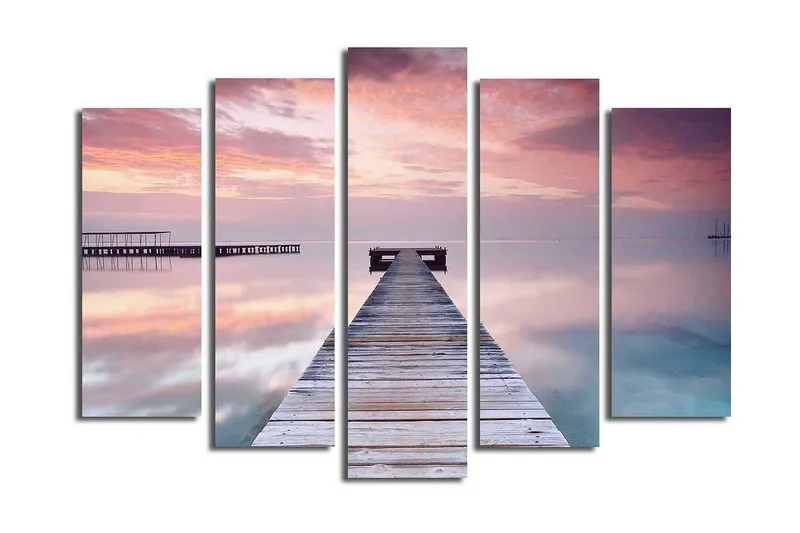 Suuri 5-osainen canvas-taulu 105x70 cm - Hiljaisuus laiturilla auringonlaskun pehmeässä valossa, Violetti / Vaaleanpunainen / Sininen