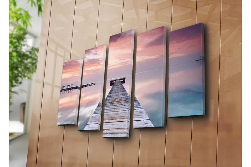 Suuri 5-osainen canvas-taulu 105x70 cm - Hiljaisuus laiturilla auringonlaskun pehmeässä valossa - Violetti / Vaaleanpunainen / Sininen - Sisustustuotteet - Taulu & taide - Canvas-taulu