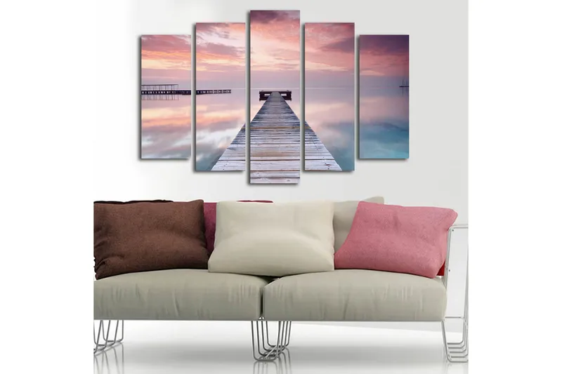 Suuri 5-osainen canvas-taulu 105x70 cm - Hiljaisuus laiturilla auringonlaskun pehmeässä valossa - Violetti / Vaaleanpunainen / Sininen - Sisustustuotteet - Taulu & taide - Canvas-taulu