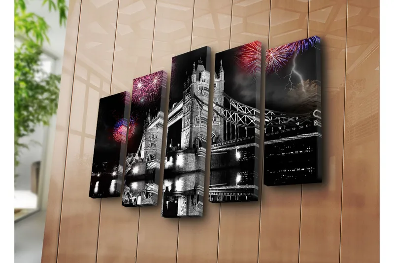 Suuri 5-osainen canvas-taulu 105x70 cm - Ilotulitus Tower Bridgen yllä Lontoossa - Musta / Punainen / Sininen - Sisustustuotteet - Taulu & taide - Canvas-taulu